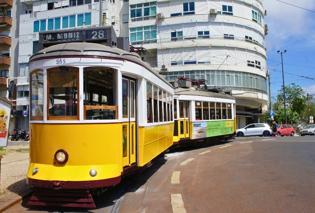 the yellow tram 28 in Lisbon, Portugal 